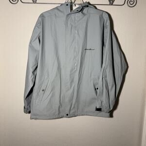 Vintage Eddie Bauer Jacket Men Large Gray Pocket Full Zip Hood Water Proof Coat